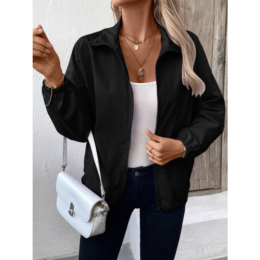 Pocketed Zip Up Long Sleeve Jacket Apparel and Accessories