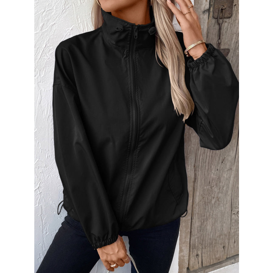 Pocketed Zip Up Long Sleeve Jacket Apparel and Accessories