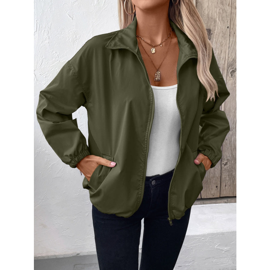 Pocketed Zip Up Long Sleeve Jacket Army Green / S Apparel and Accessories