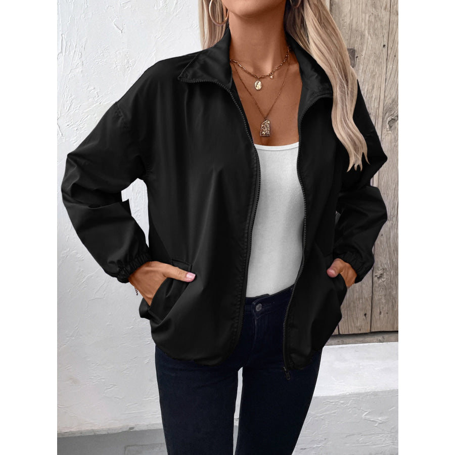 Pocketed Zip Up Long Sleeve Jacket Black / S Apparel and Accessories