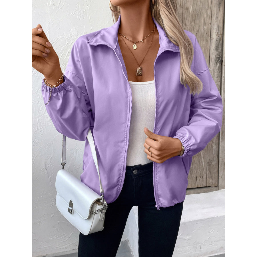 Pocketed Zip Up Long Sleeve Jacket Lavender / S Apparel and Accessories