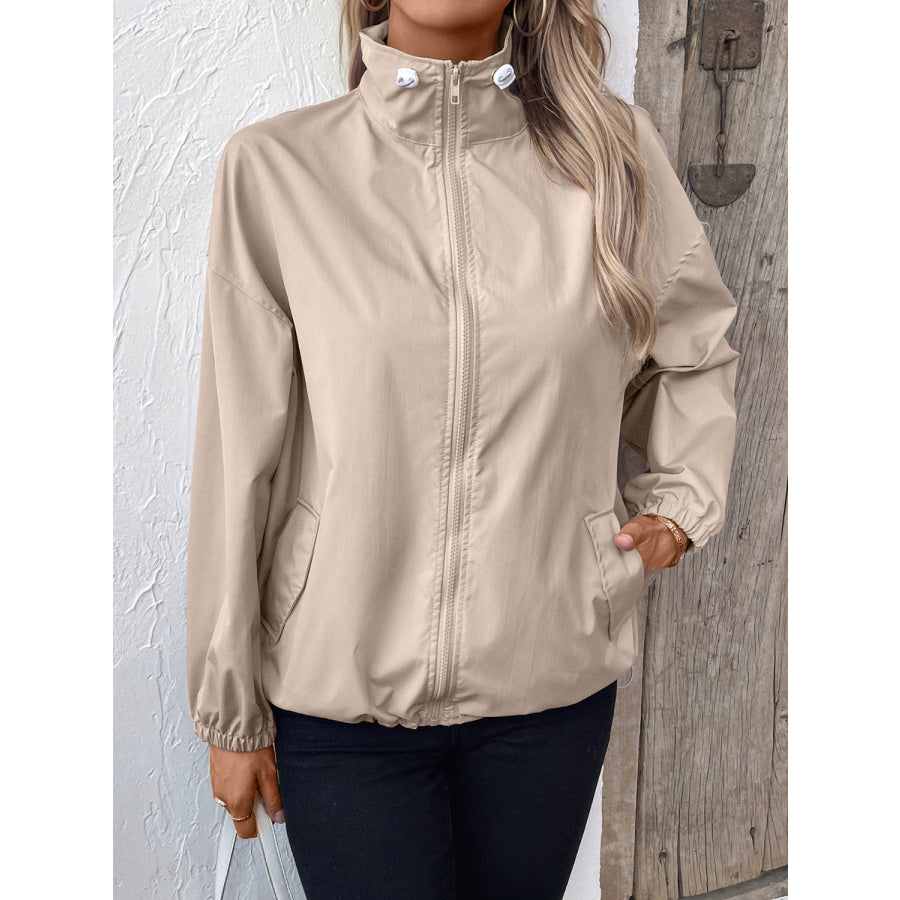 Pocketed Zip Up Long Sleeve Jacket Mocha / S Apparel and Accessories