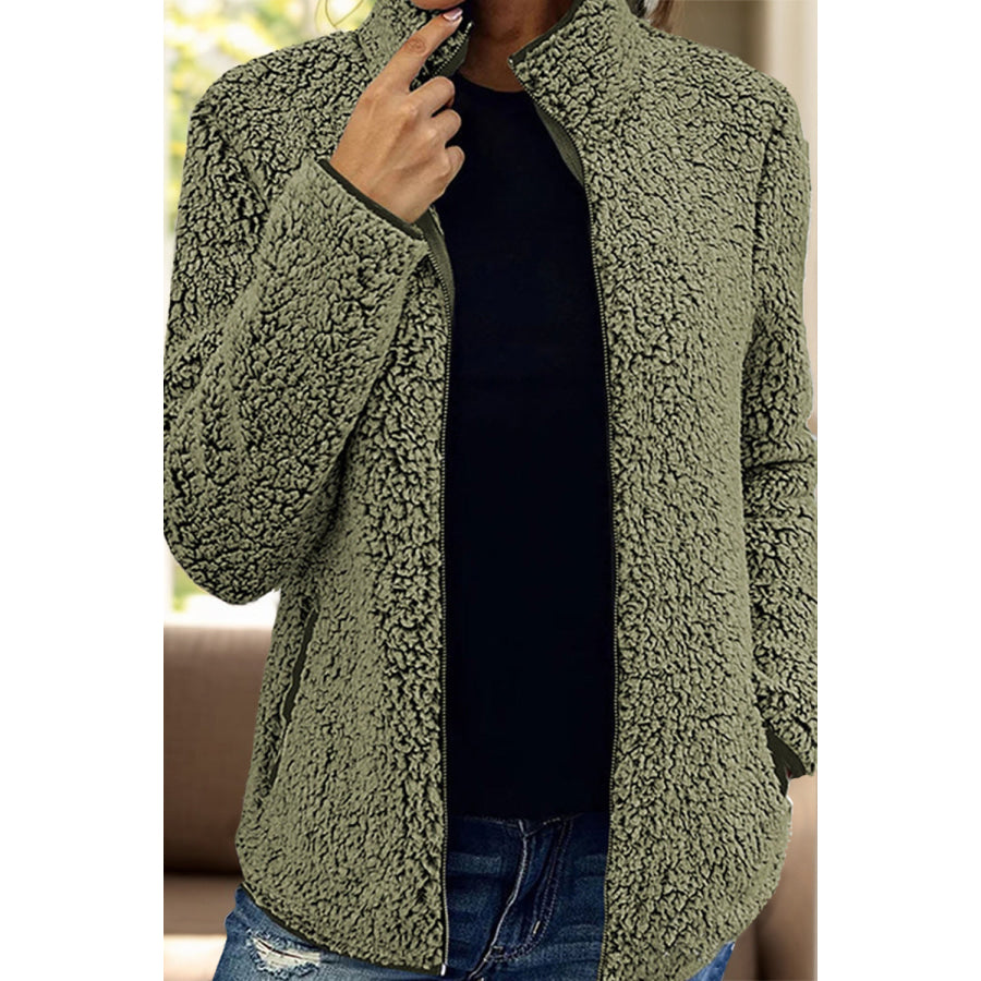 Pocketed Zip Up Turtleneck Jacket Apparel and Accessories