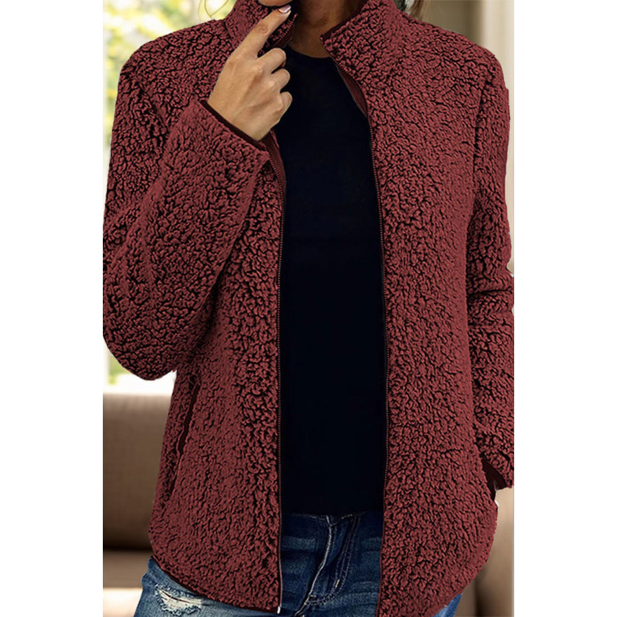 Pocketed Zip Up Turtleneck Jacket Burgundy / S Apparel and Accessories