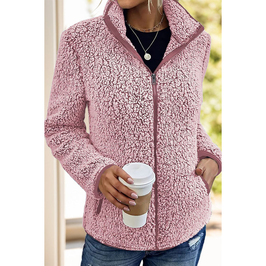 Pocketed Zip Up Turtleneck Jacket Dusty Pink / S Apparel and Accessories