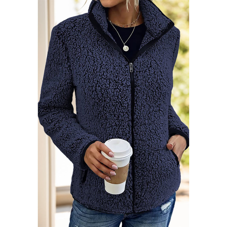 Pocketed Zip Up Turtleneck Jacket Navy / S Apparel and Accessories