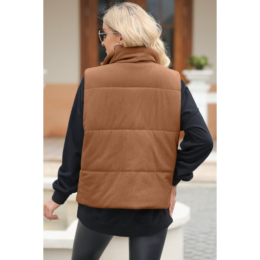 Pocketed Zip Up Turtleneck Vest Coat Apparel and Accessories