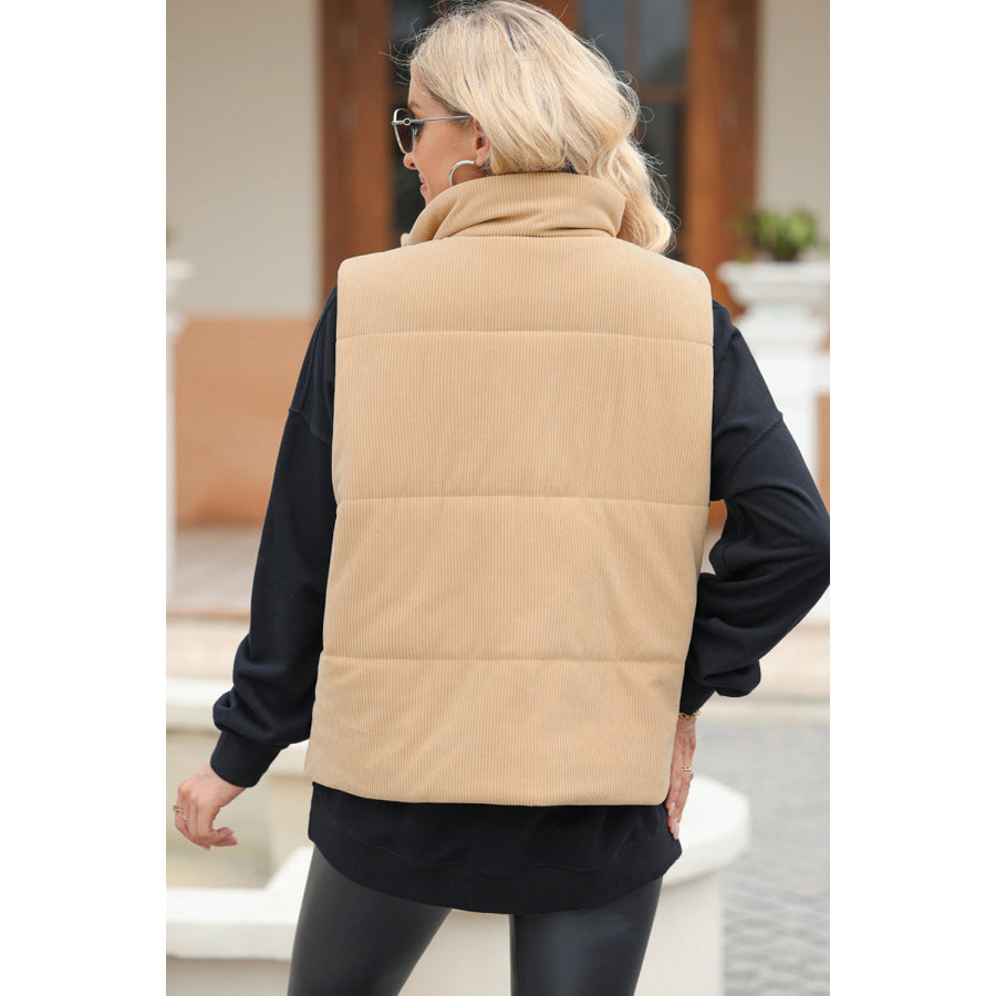 Pocketed Zip Up Turtleneck Vest Coat Apparel and Accessories