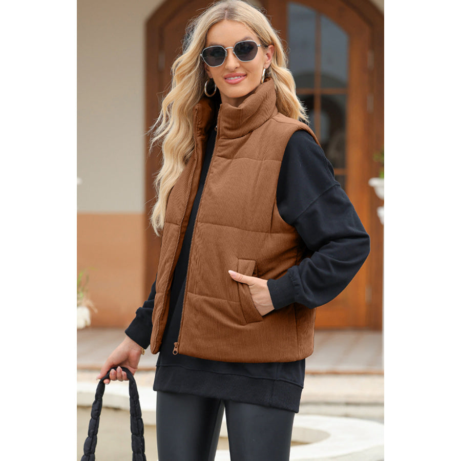 Pocketed Zip Up Turtleneck Vest Coat Apparel and Accessories