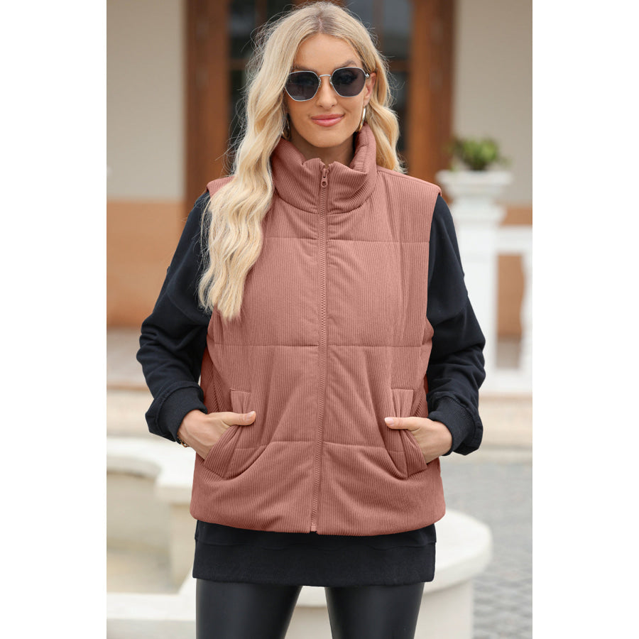 Pocketed Zip Up Turtleneck Vest Coat Apparel and Accessories