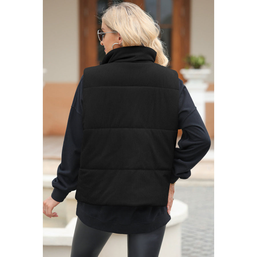 Pocketed Zip Up Turtleneck Vest Coat Apparel and Accessories