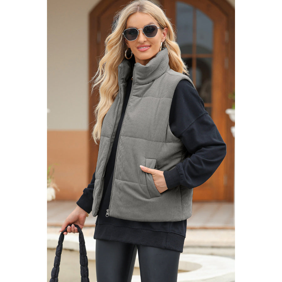 Pocketed Zip Up Turtleneck Vest Coat Apparel and Accessories