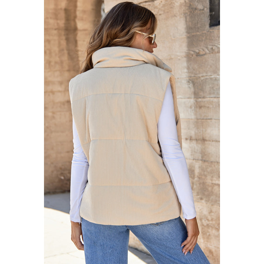 Pocketed Zip Up Turtleneck Vest Coat Apparel and Accessories