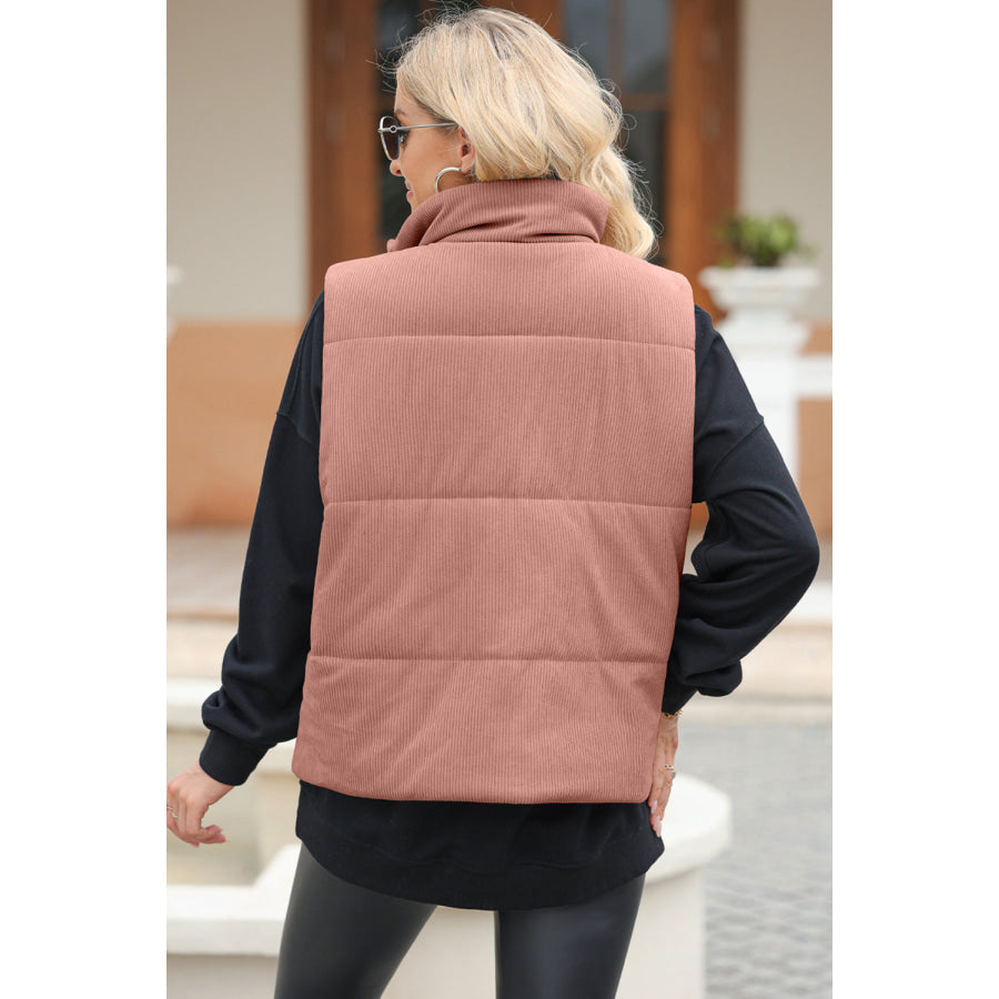 Pocketed Zip Up Turtleneck Vest Coat Apparel and Accessories