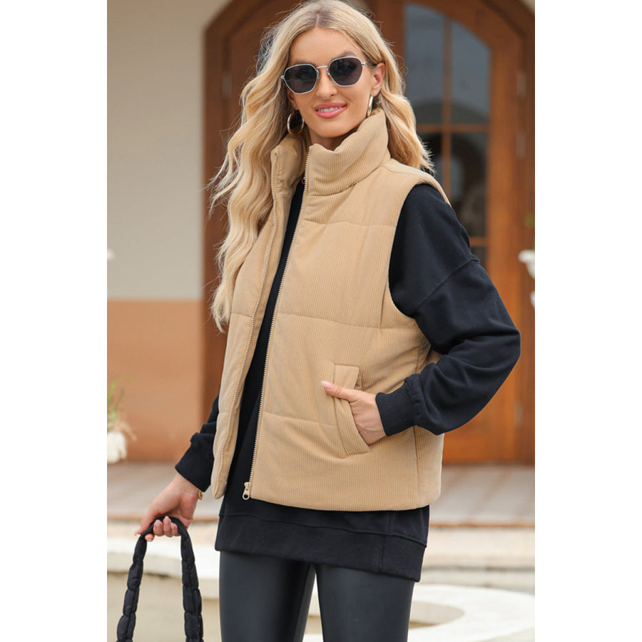 Pocketed Zip Up Turtleneck Vest Coat Apparel and Accessories