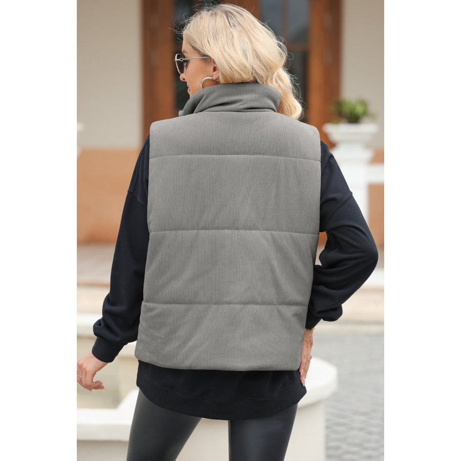 Pocketed Zip Up Turtleneck Vest Coat Apparel and Accessories