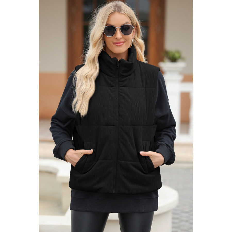 Pocketed Zip Up Turtleneck Vest Coat Apparel and Accessories