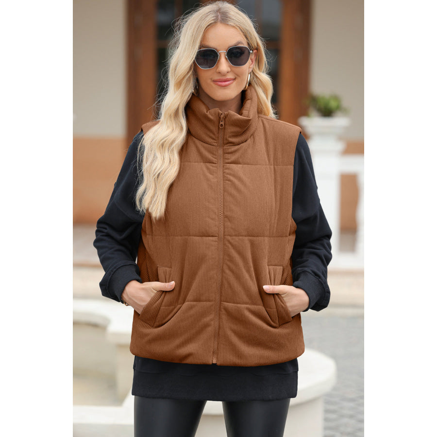 Pocketed Zip Up Turtleneck Vest Coat Brown / S Apparel and Accessories
