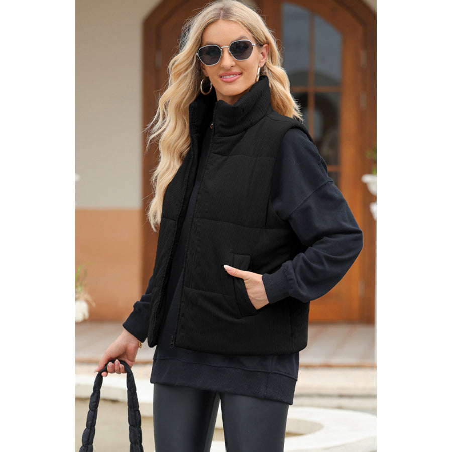 Pocketed Zip Up Turtleneck Vest Coat Black / S Apparel and Accessories