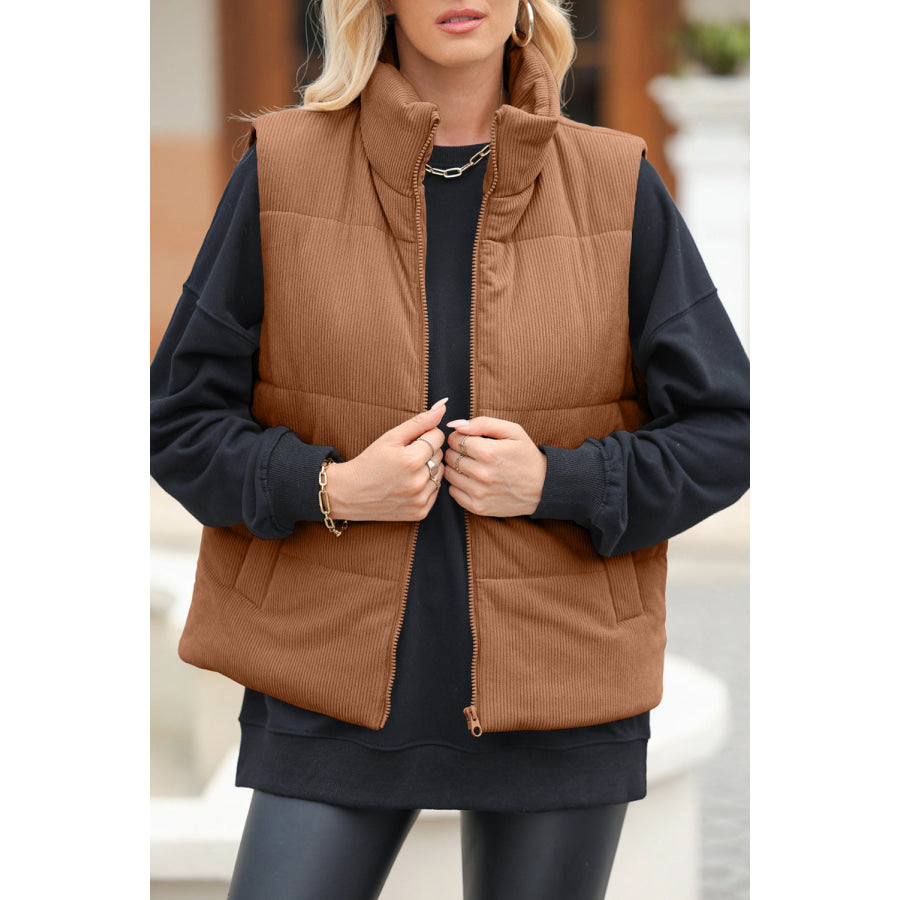 Pocketed Zip Up Turtleneck Vest Coat Brown / S Apparel and Accessories
