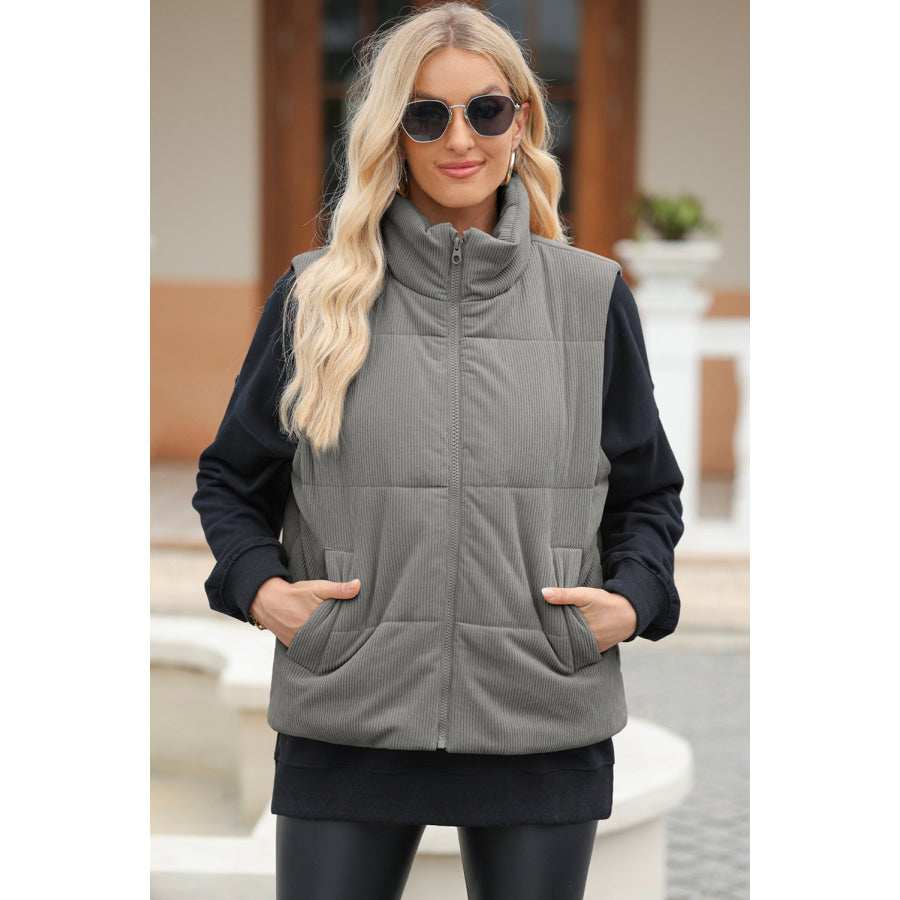 Pocketed Zip Up Turtleneck Vest Coat Dark Gray / S Apparel and Accessories