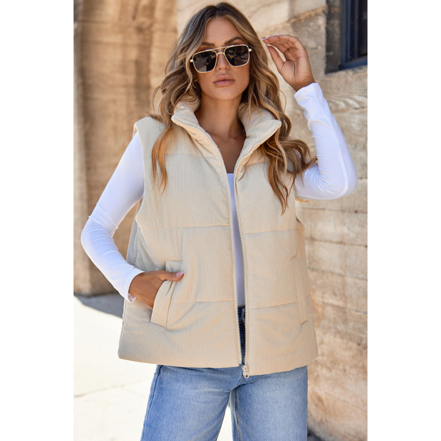 Pocketed Zip Up Turtleneck Vest Coat Dust Storm / S Apparel and Accessories