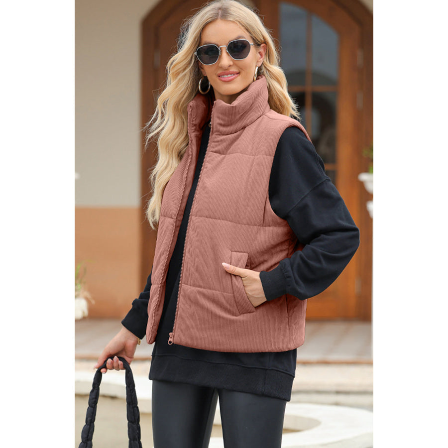 Pocketed Zip Up Turtleneck Vest Coat Dusty Pink / S Apparel and Accessories