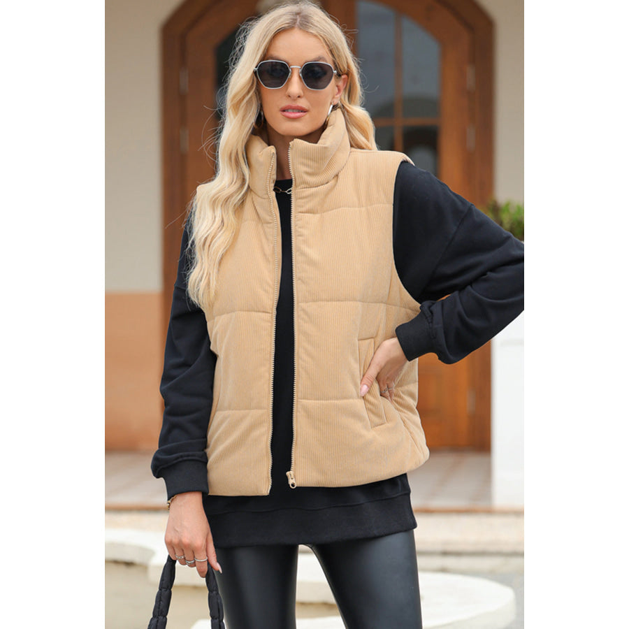 Pocketed Zip Up Turtleneck Vest Coat Tan / S Apparel and Accessories
