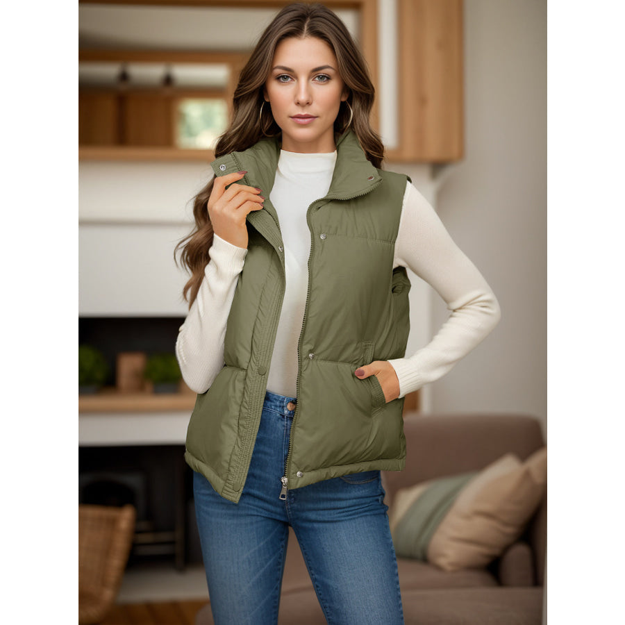 Pocketed Zip Up Vest Coat Army Green / S Apparel and Accessories