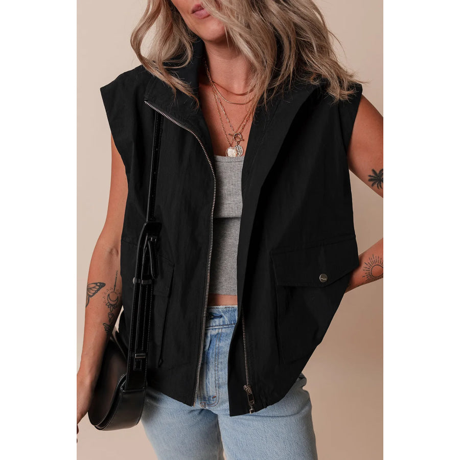 Pocketed Zip Up Vest Coat Black / S Apparel and Accessories