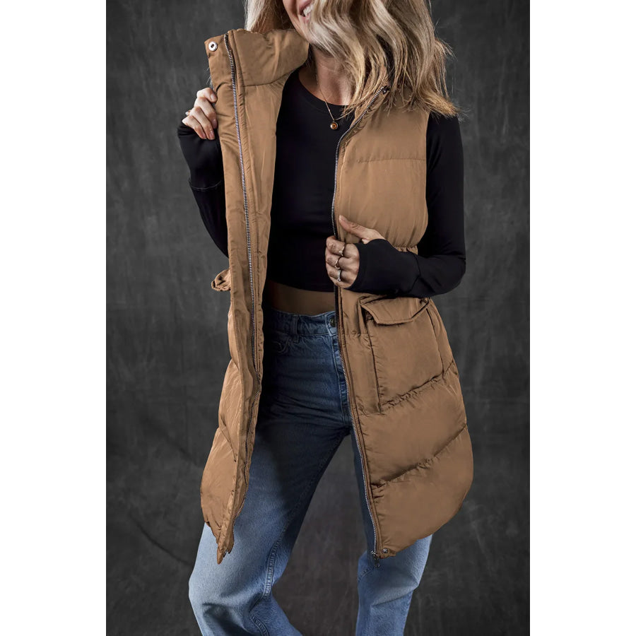 Pocketed Zip Up Vest Coat Caramel / S Apparel and Accessories