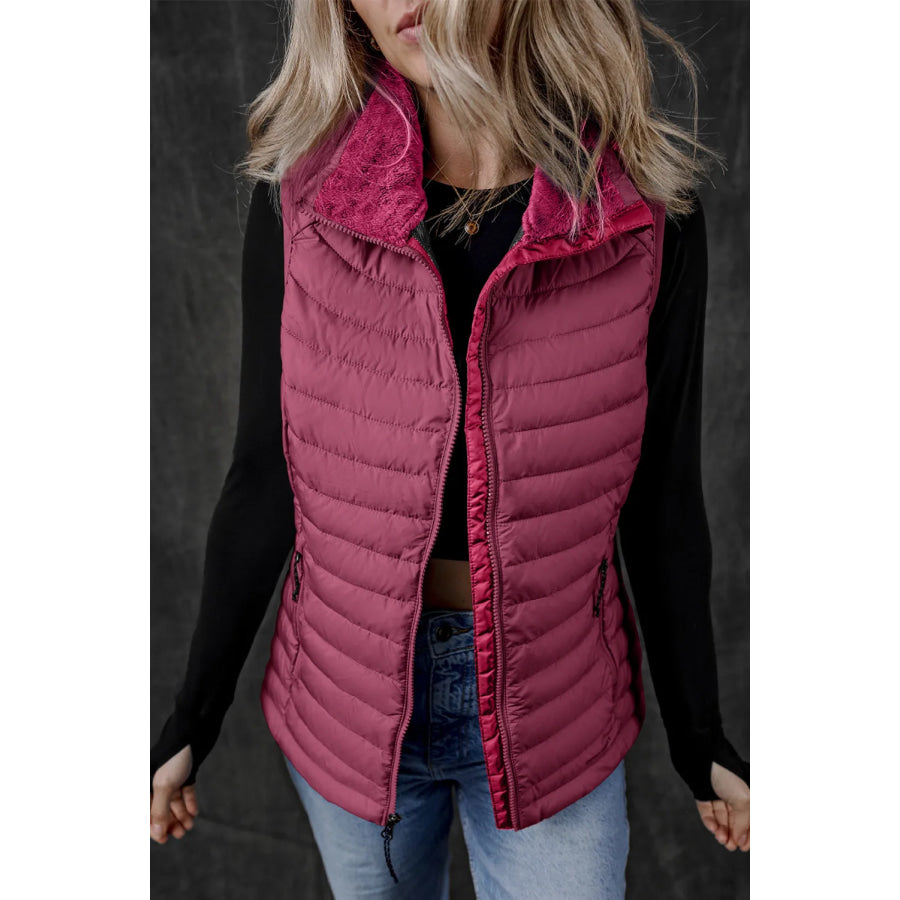 Pocketed Zip Up Vest Coat Deep Purple / S Apparel and Accessories