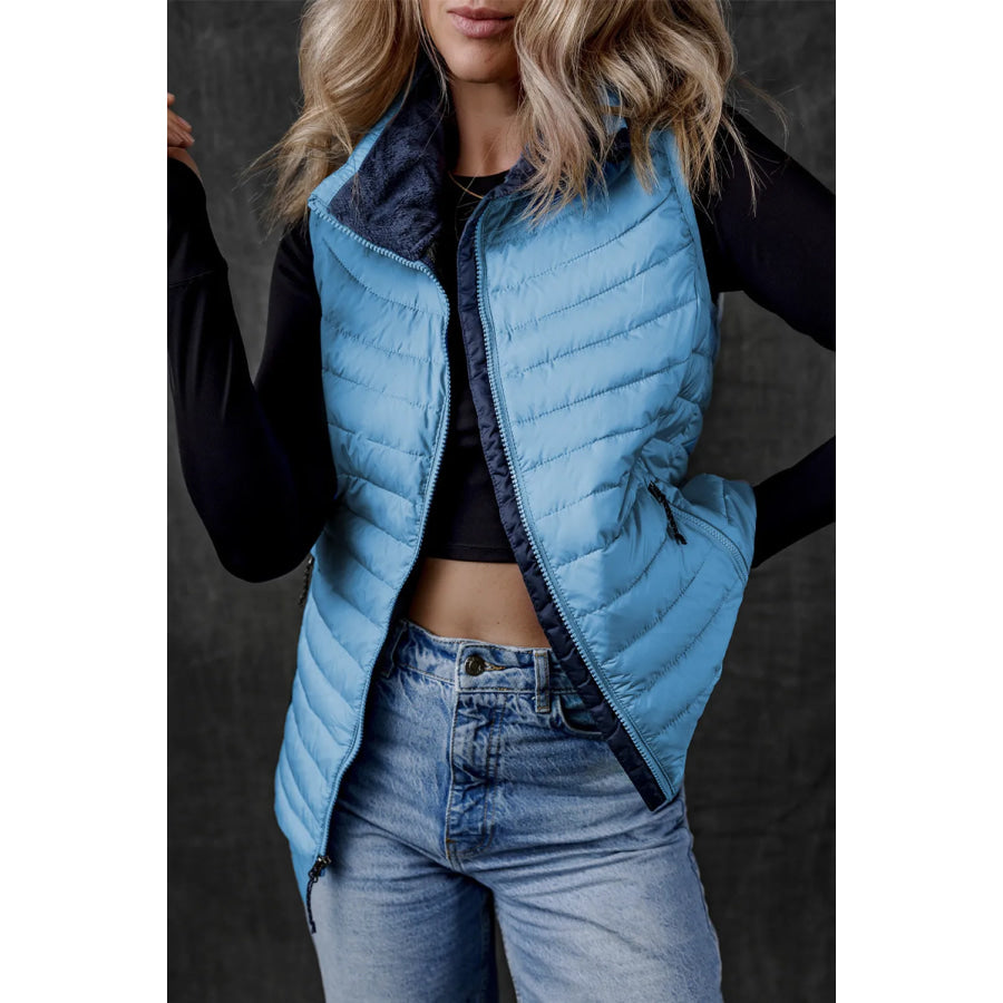 Pocketed Zip Up Vest Coat Pastel Blue / S Apparel and Accessories