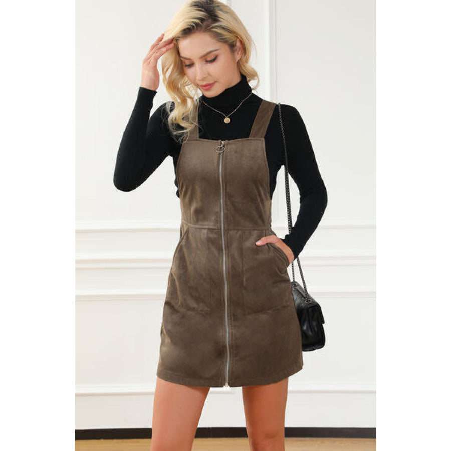 Pocketed Zip Up Wide Strap Mini Dress Apparel and Accessories