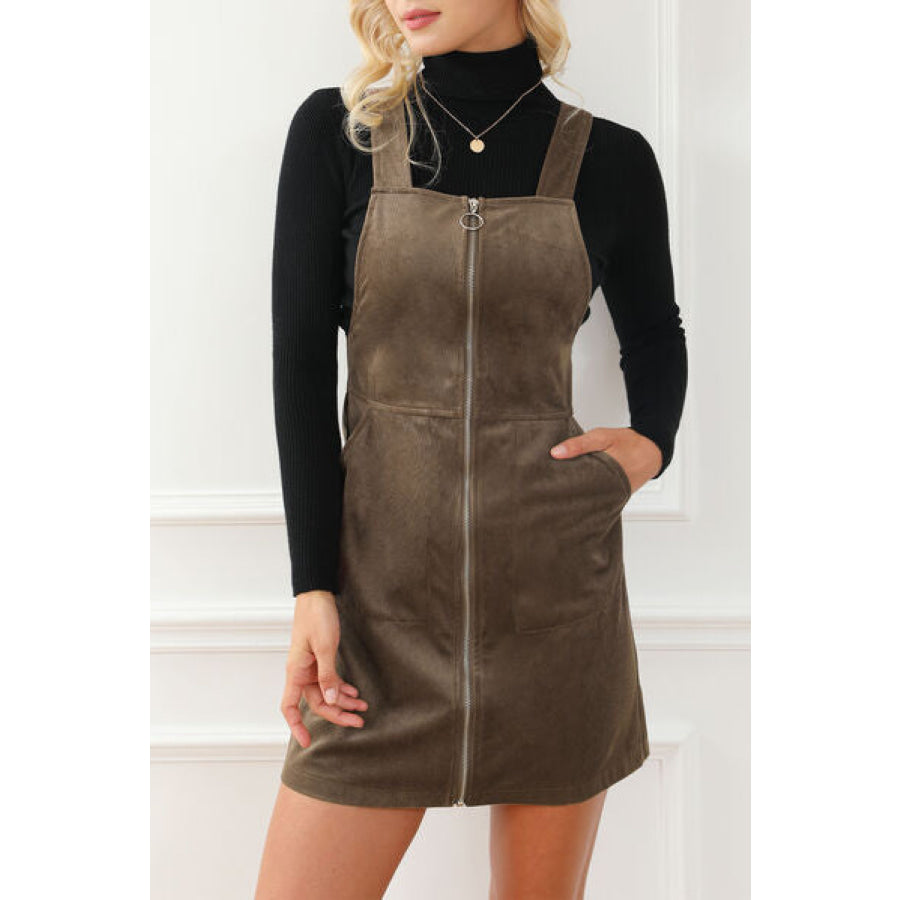 Pocketed Zip Up Wide Strap Mini Dress Coffee Brown / S Apparel and Accessories