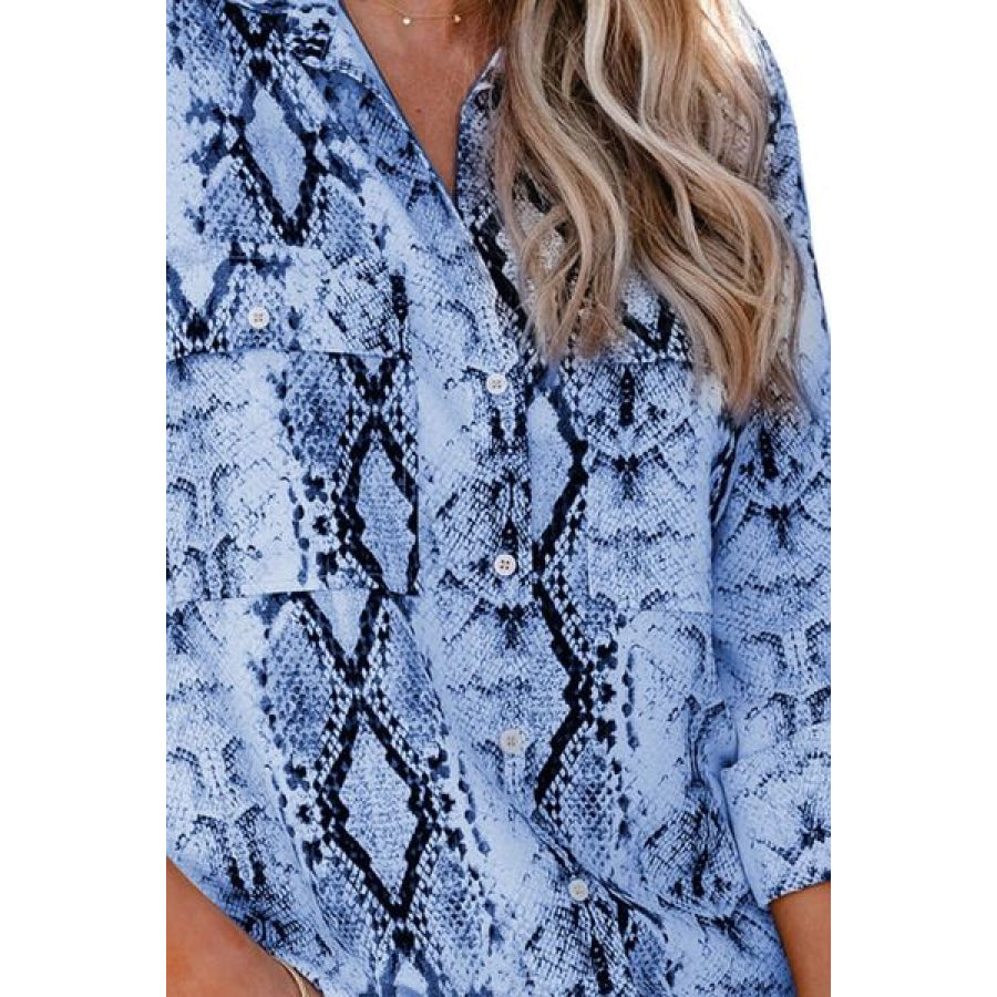 Pockted Printed Button Up Shirt Misty Blue / S Apparel and Accessories