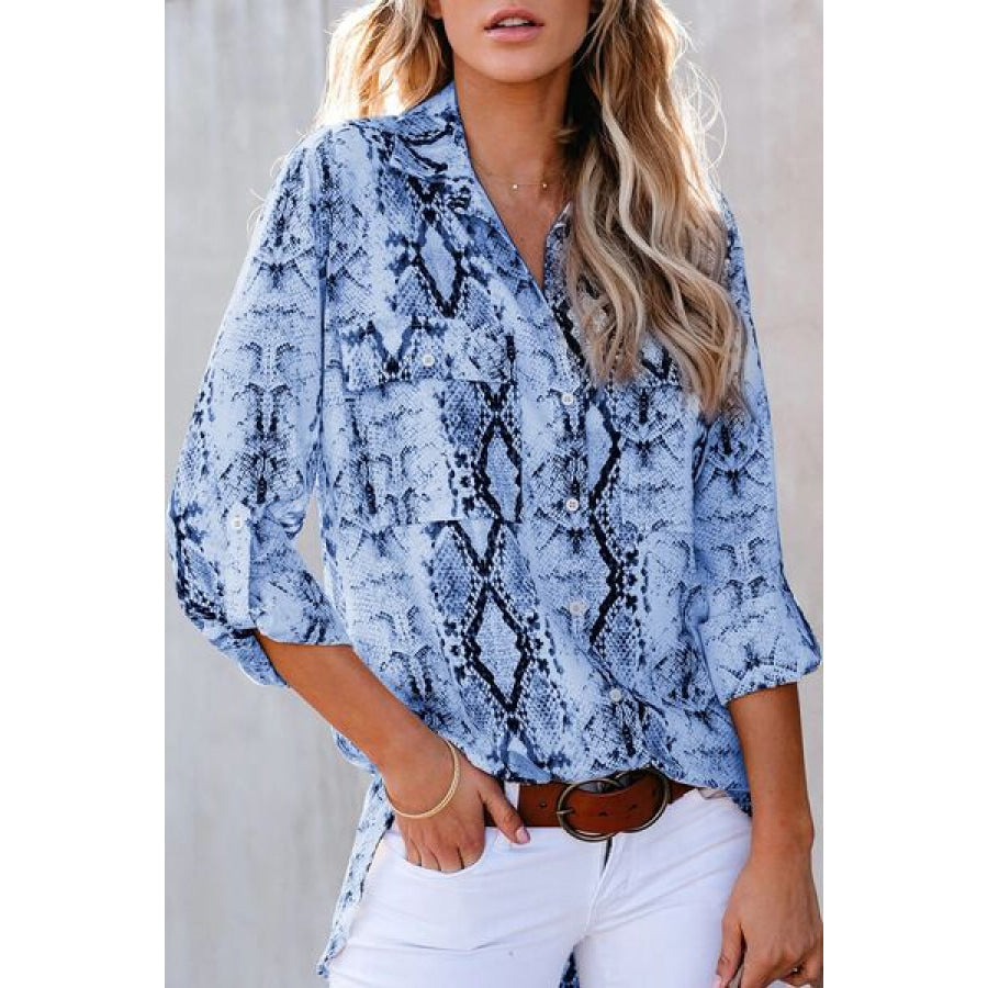 Pockted Printed Button Up Shirt Misty Blue / S Apparel and Accessories