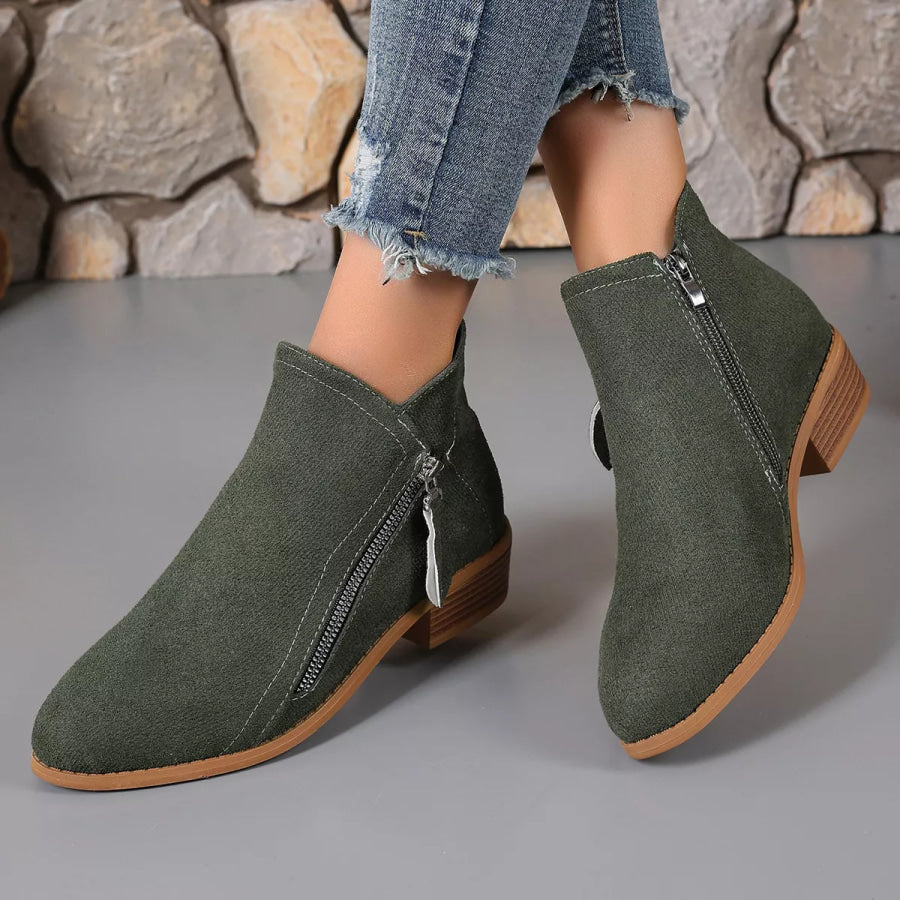 Point Toe Block Heel Boots Army Green / 36 Apparel and Accessories