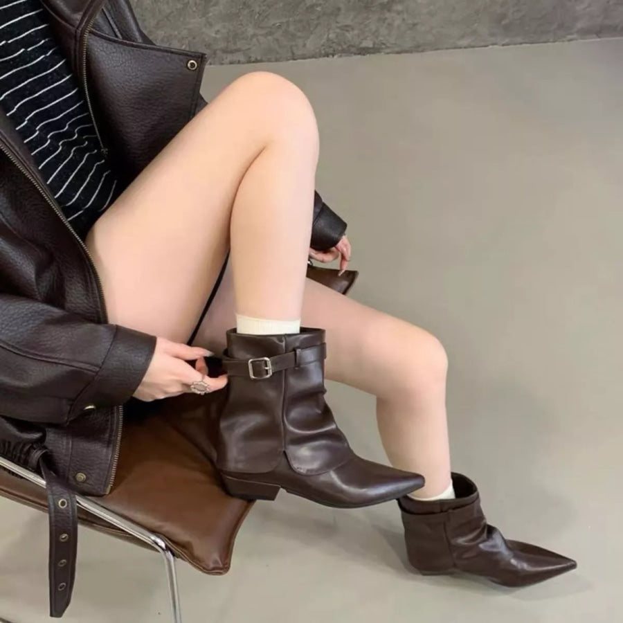 Point Toe Block Heel Boots Dark Brown / 35 Apparel and Accessories