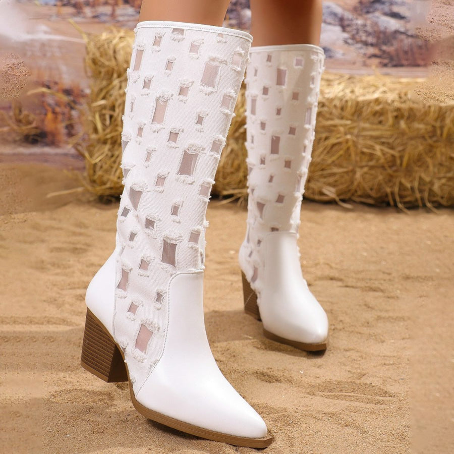 Point Toe Block Heel Boots White / 35(US4) Apparel and Accessories