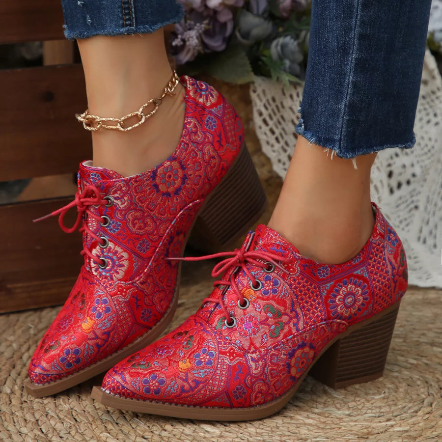 Point Toe Block Heels Ankle Boots Red / 36 Apparel and Accessories