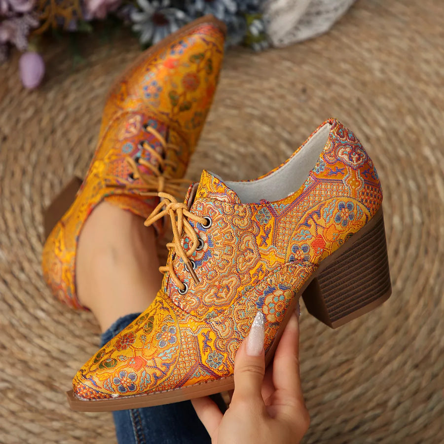 Point Toe Block Heels Ankle Boots Yellow / 36 Apparel and Accessories