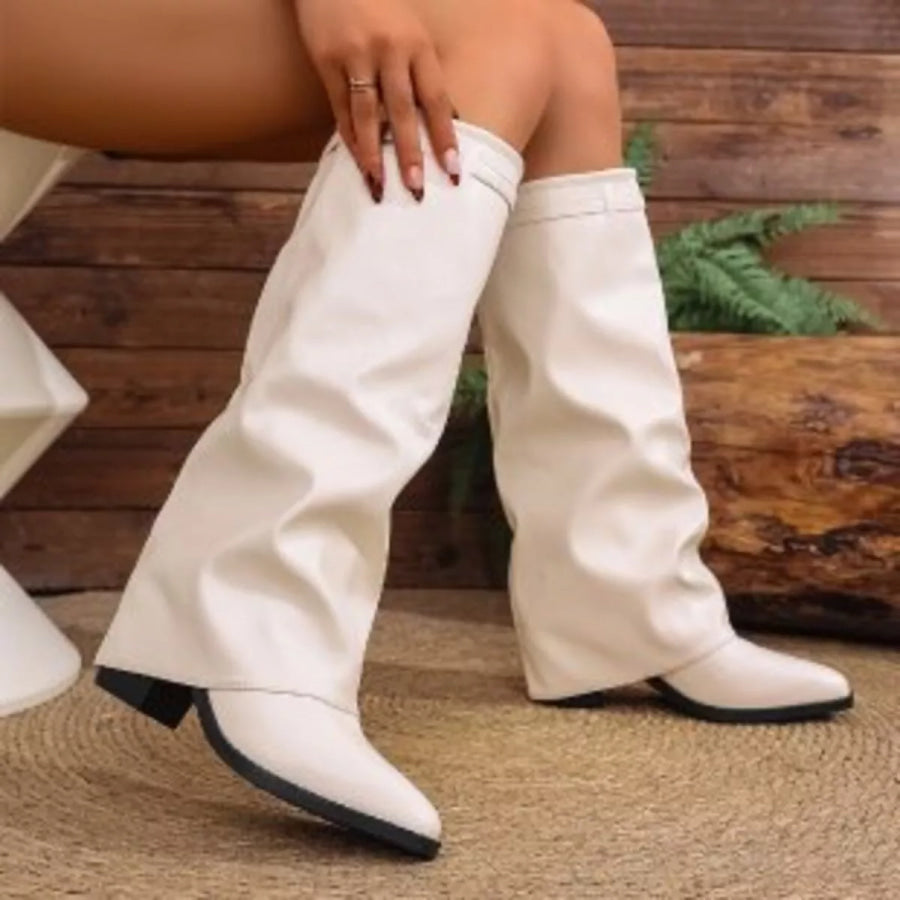 Point Toe Block Heels Boots Off White / 36 Apparel and Accessories