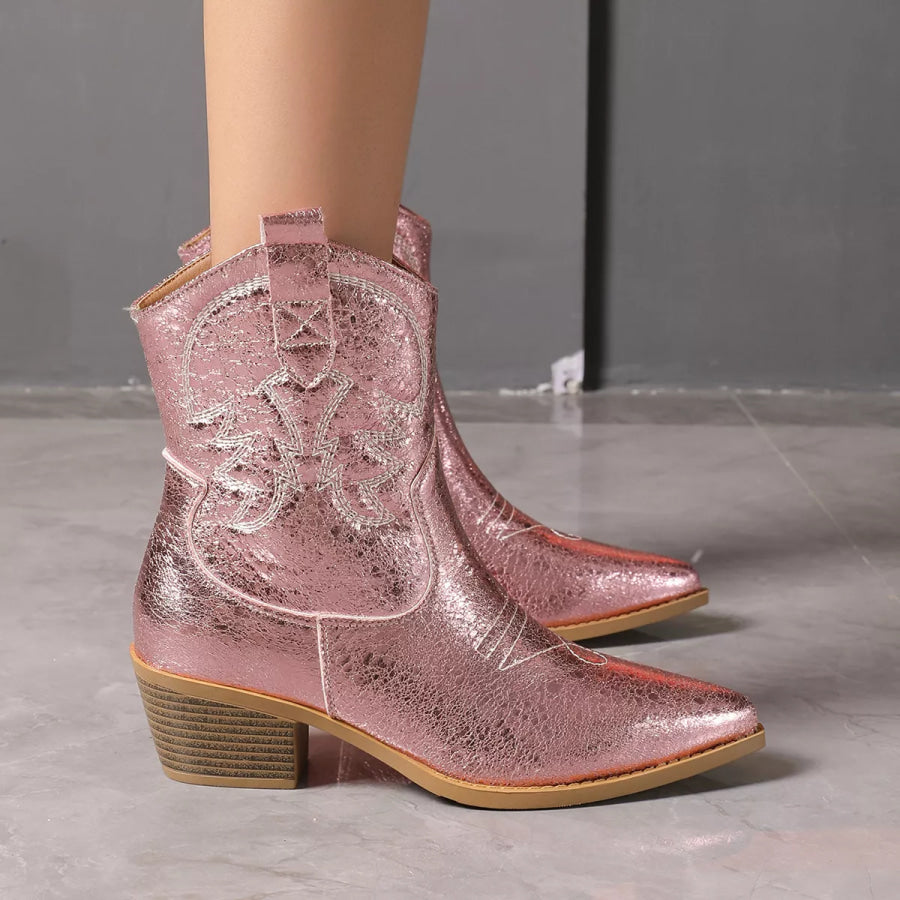 Point Toe Block Heels Boots Pink / 35 Apparel and Accessories