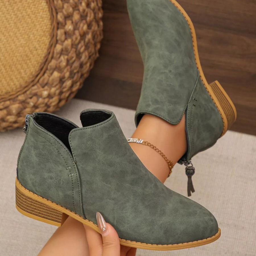 Point Toe Block Heels Boots Army Green / 36 Apparel and Accessories