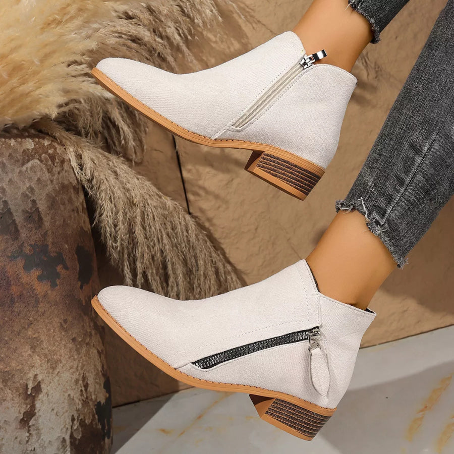 Point Toe Block Heels Boots Beige / 36 Apparel and Accessories