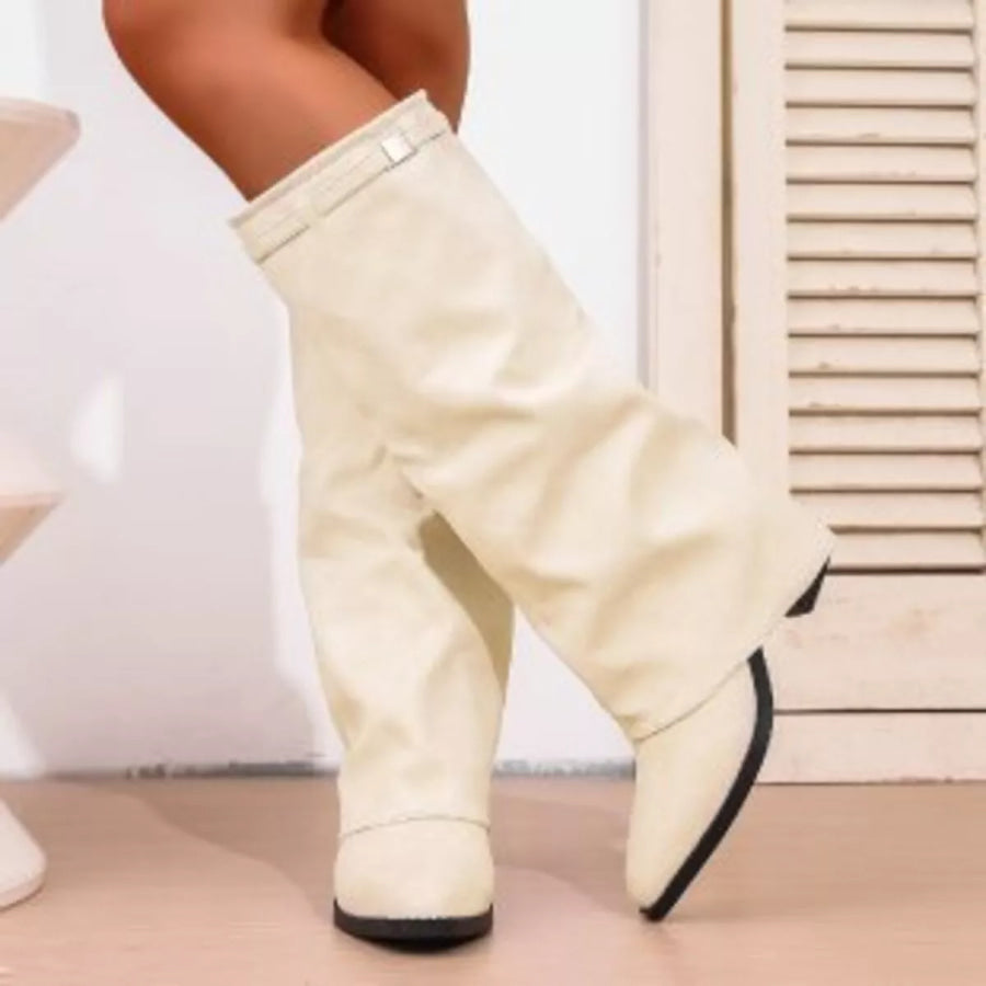 Point Toe Block Heels Boots Beige / 36 Apparel and Accessories
