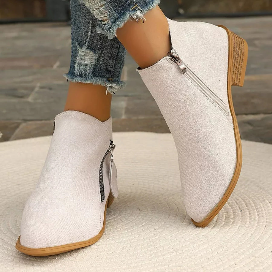 Point Toe Block Heels Boots Beige White / 35 Apparel and Accessories