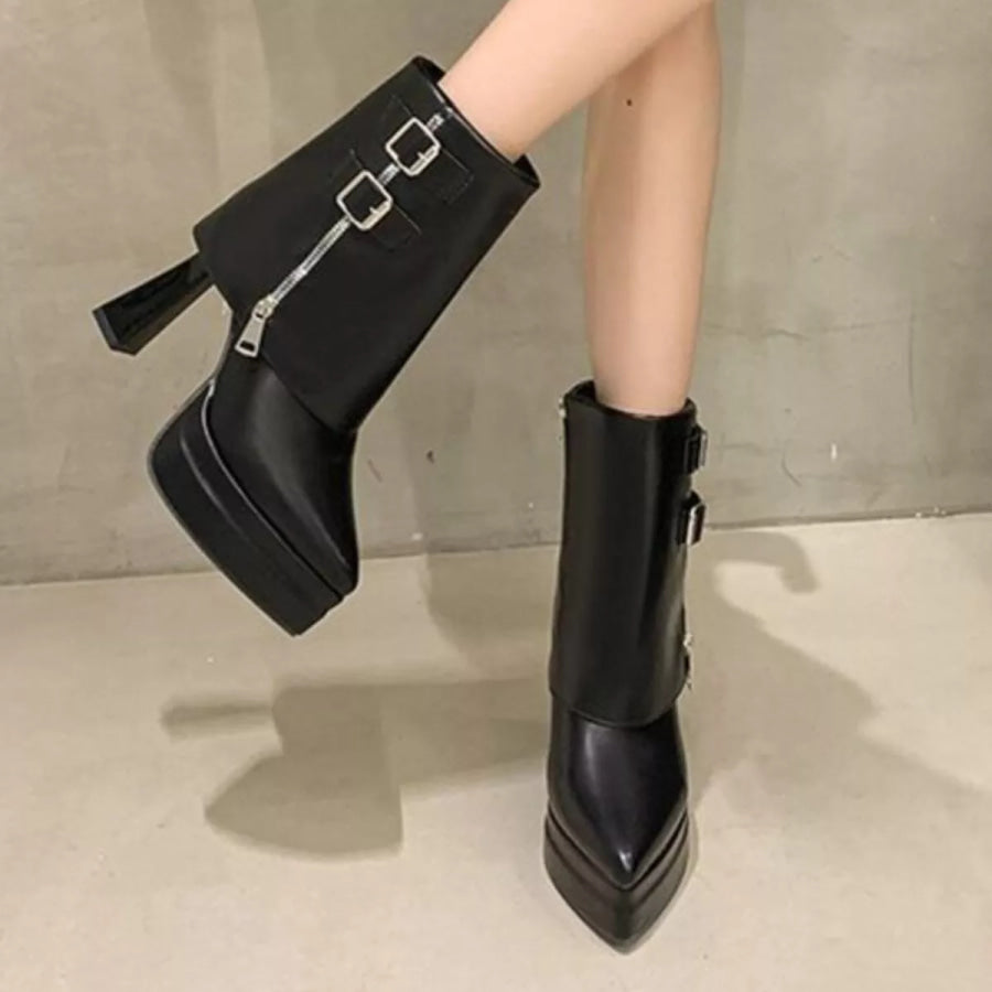 Point Toe Block Heels Boots Black / 34 Apparel and Accessories