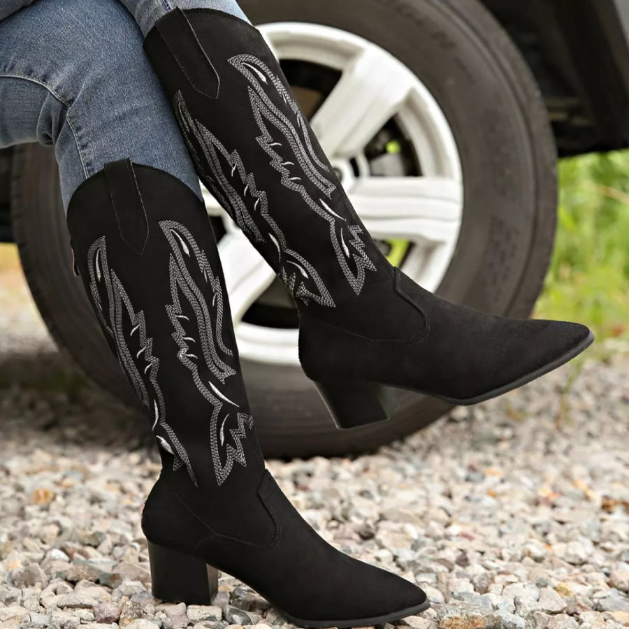 Point Toe Block Heels Boots Black Long Style / 35 Apparel and Accessories